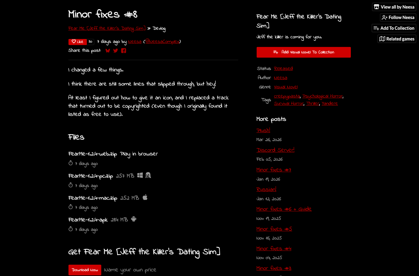Official Fear Me itch.io Minor fixes 8 devlog showing FearMe 1.2.4 files