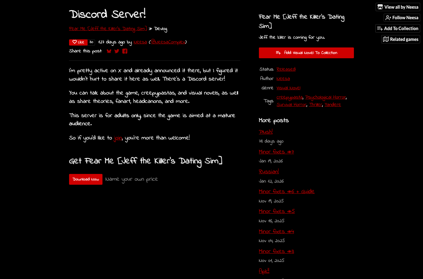 Official Fear Me Discord Server devlog on itch.io