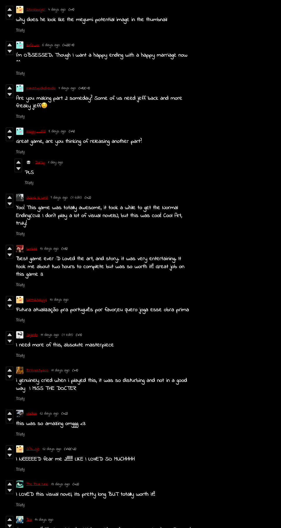 Official Fear Me itch.io comments showing players asking about Doctor Salazar, endings, and 18 plus content