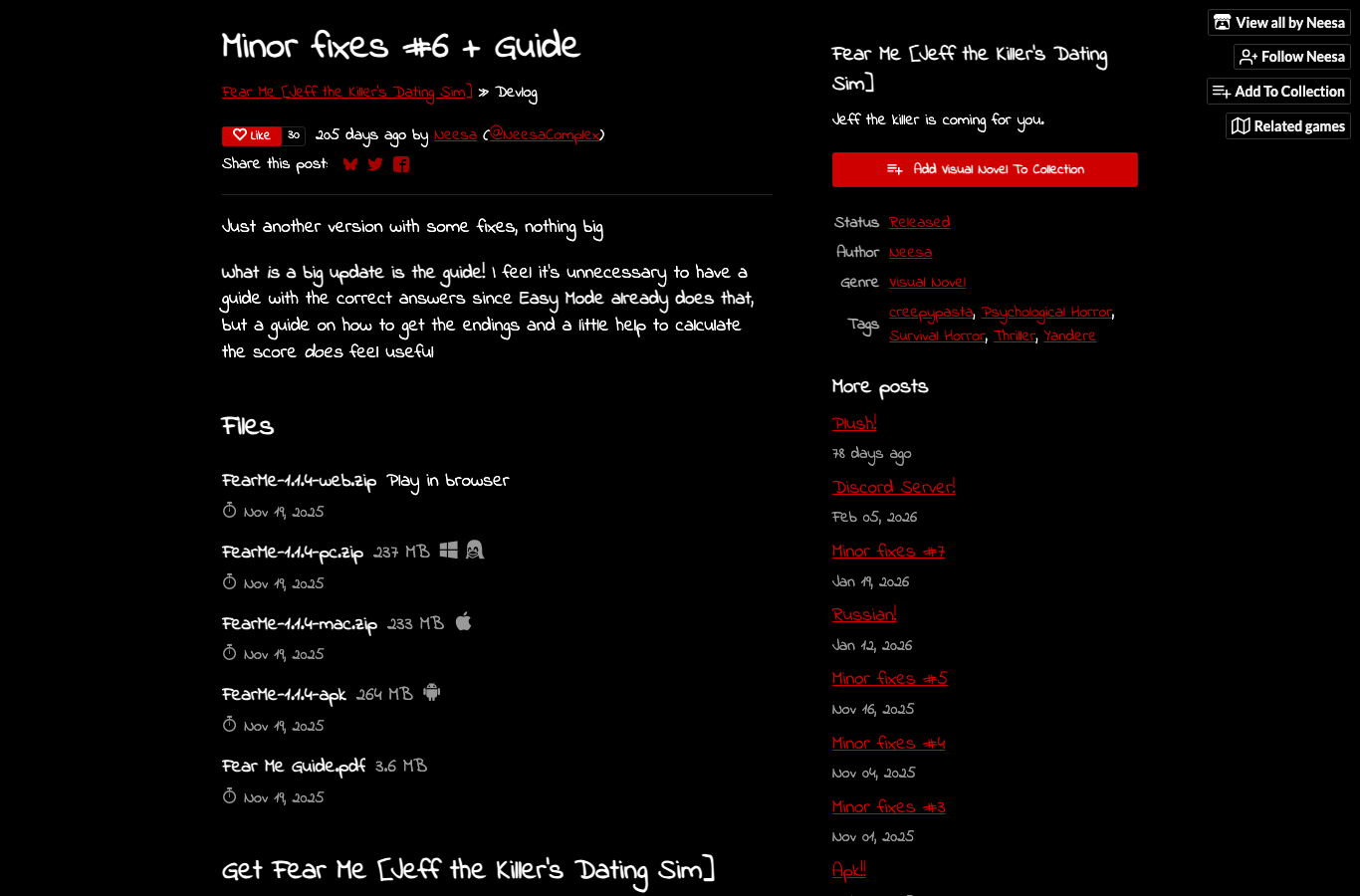 Official Fear Me itch.io devlog showing the Guide PDF file
