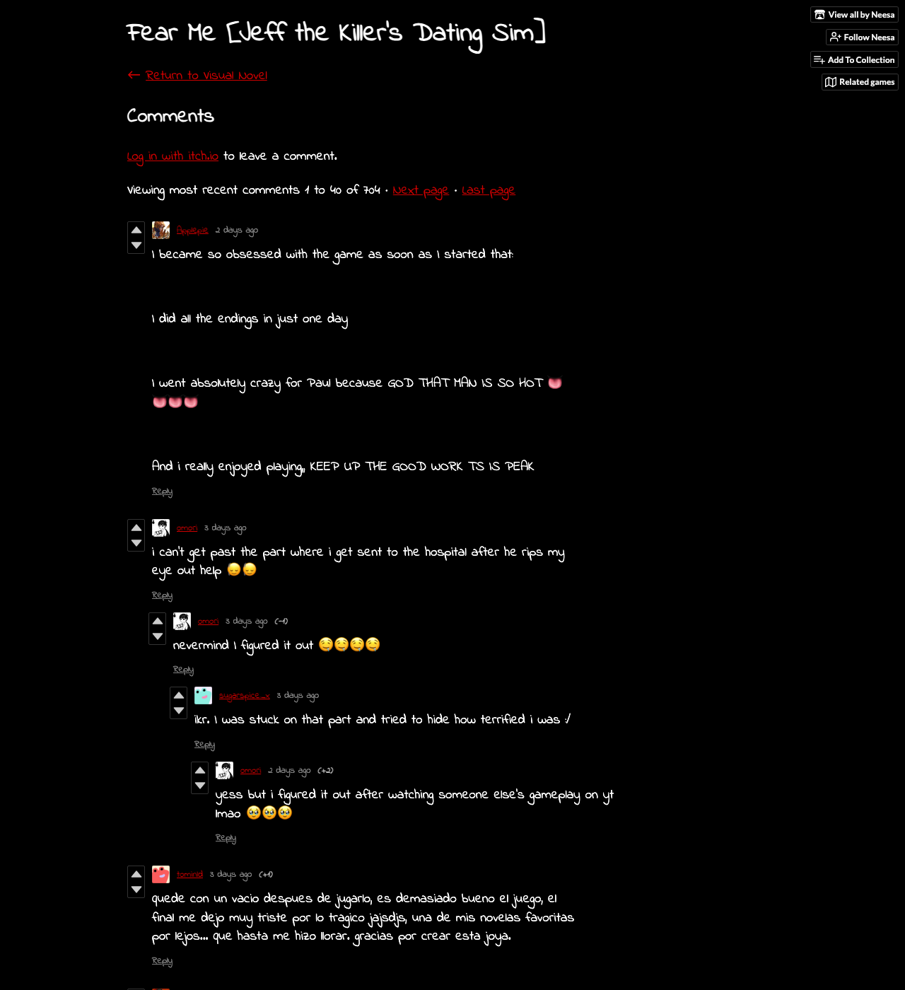 Official Fear Me itch.io comments showing players stuck on the hospital and eye injury scene