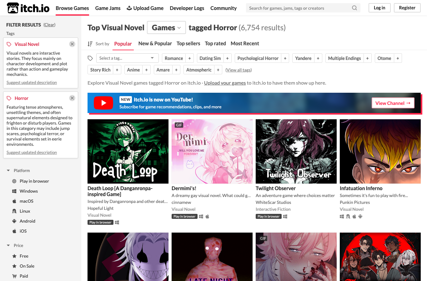 Itch.io horror visual novel category screenshot for finding games like Fear Me