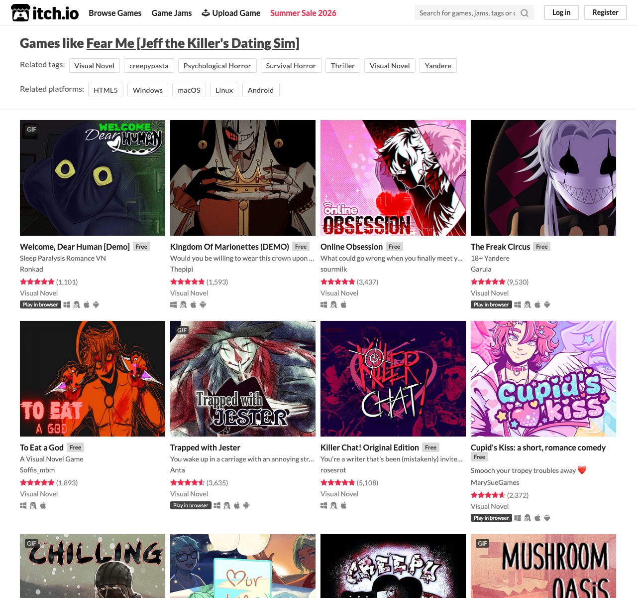 Itch.io games like Fear Me page showing related visual novels and creepypasta dating sims