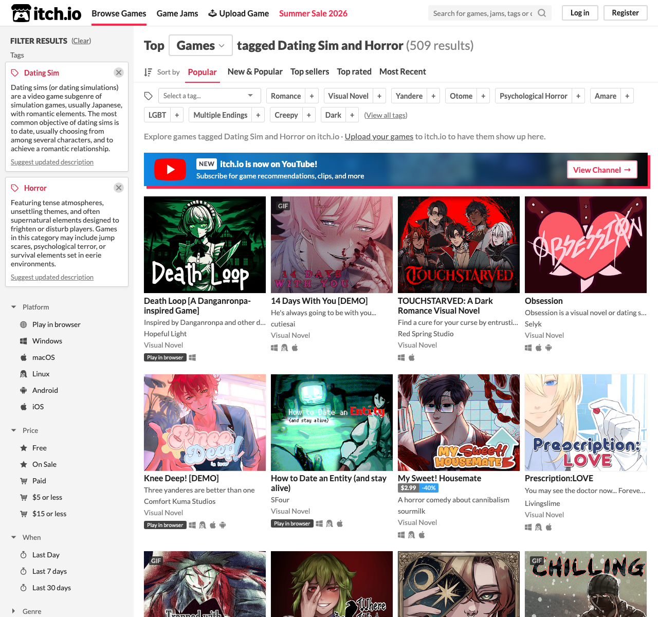 Itch.io horror dating sim tag page showing browser and visual novel results