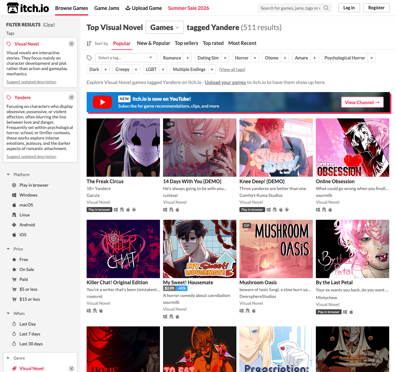 Itch.io yandere visual novel tag page showing related games